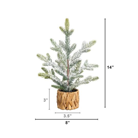 Nearly Natural 14" Unlit Artificial Flocked & Frosted Fir Christmas Tree in Woven Basket